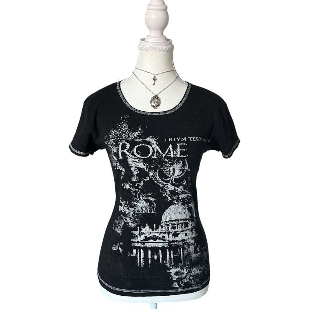 Y2K “Paradiso” Black & White Rome Graphic Short Sleeve Top